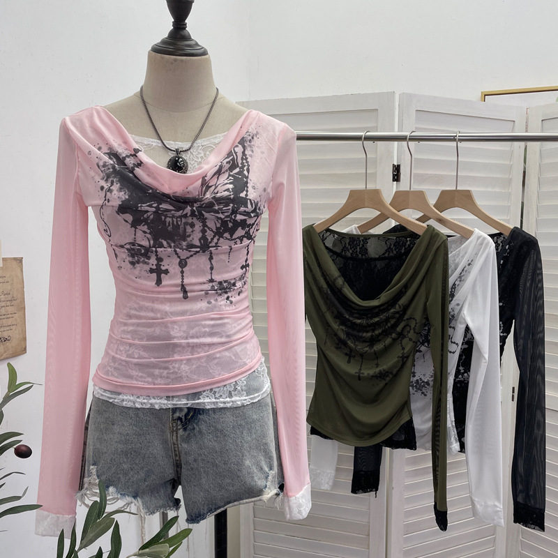Tie Dye Shirt Vintage - Women Casual Lace Splicing Mesh Long-sleeved