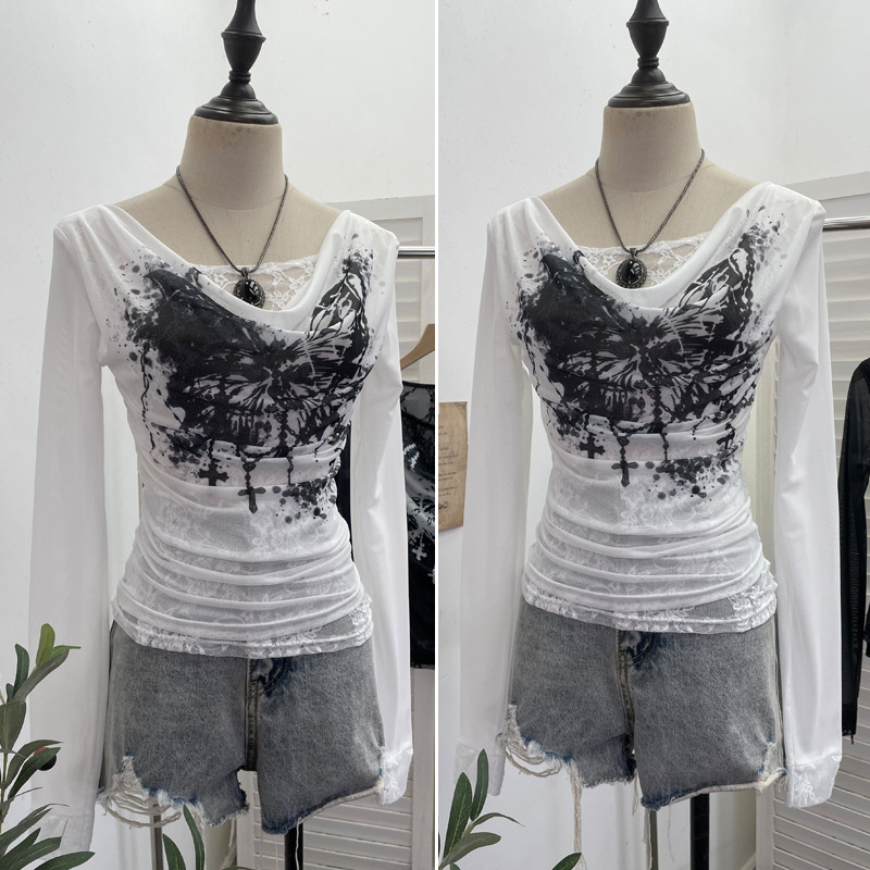 Women Casual Lace Splicing Mes - Tie Dye Shirt Vintage ulasan dan harga