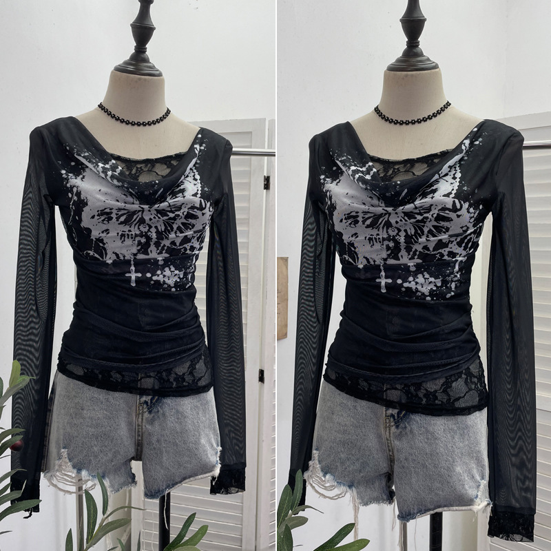 Women Casual Lace Splicing Mes - Tie Dye Shirt Vintage ulasan dan harga