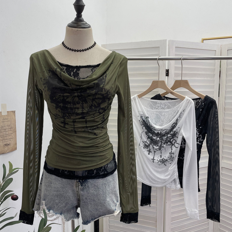 Women Casual Lace Splicing Mes - Tie Dye Shirt Vintage ulasan dan harga